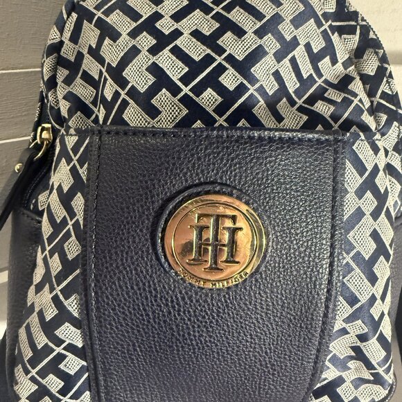 Tommy Hilfiger Mini Backpack Navy Blue Geometric Print Gold Logo 8x8 - Picture 2 of 5
